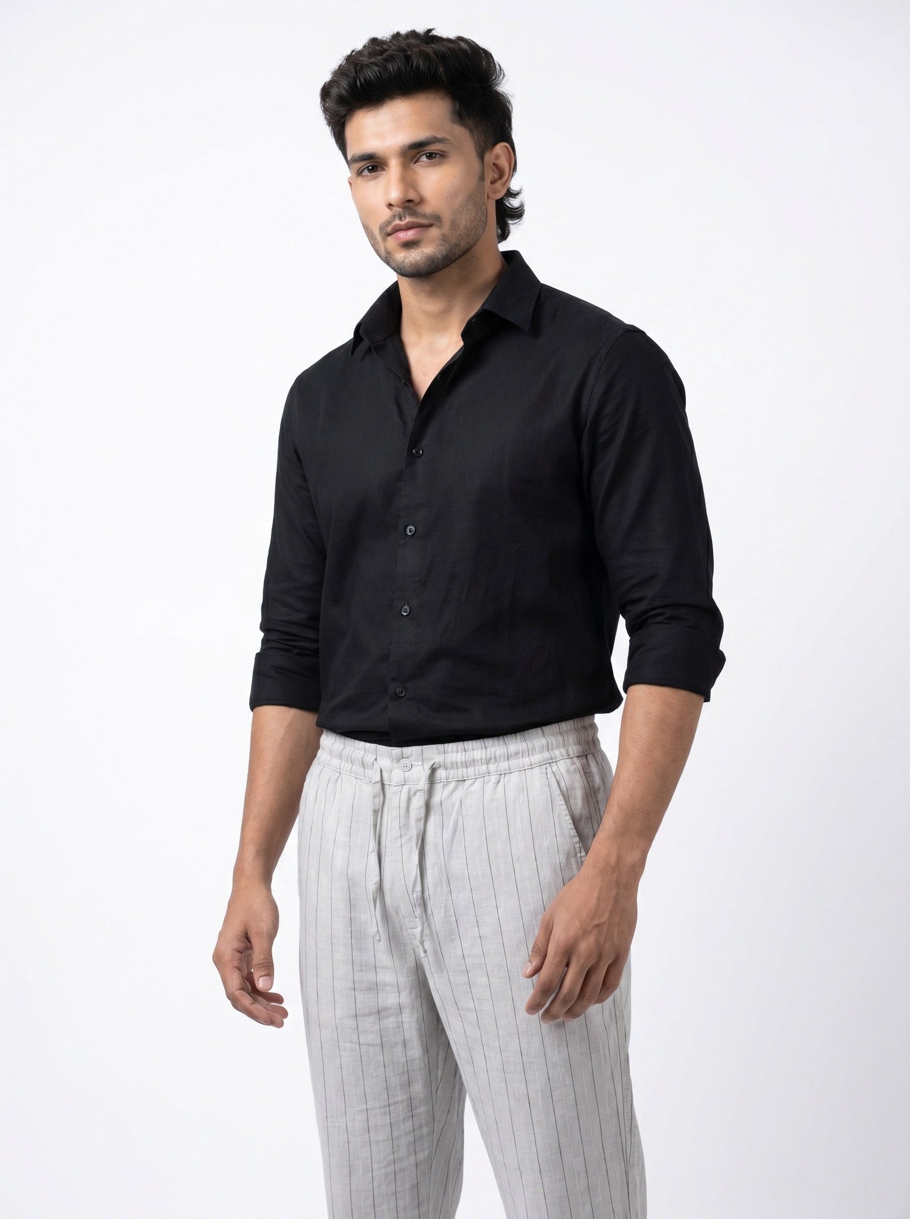 Relaxed Fit Linen Stripe Pants - Grey