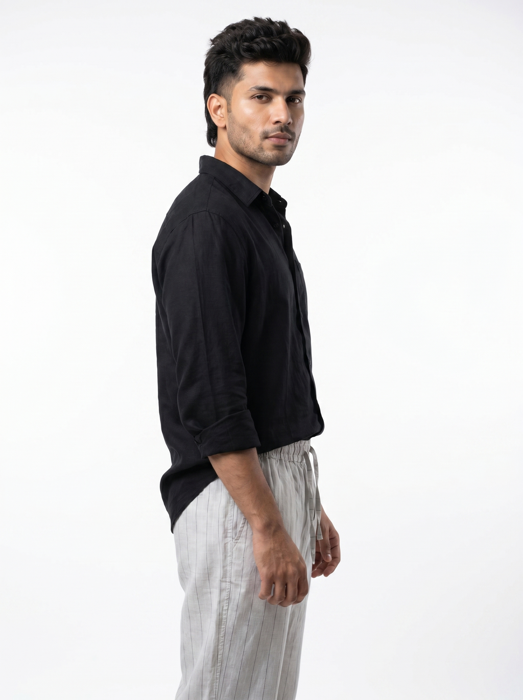 Relaxed Fit Linen Stripe Pants - Grey