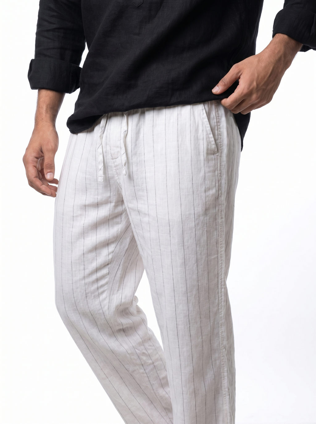 Relaxed Fit Linen Stripe Pants - Grey