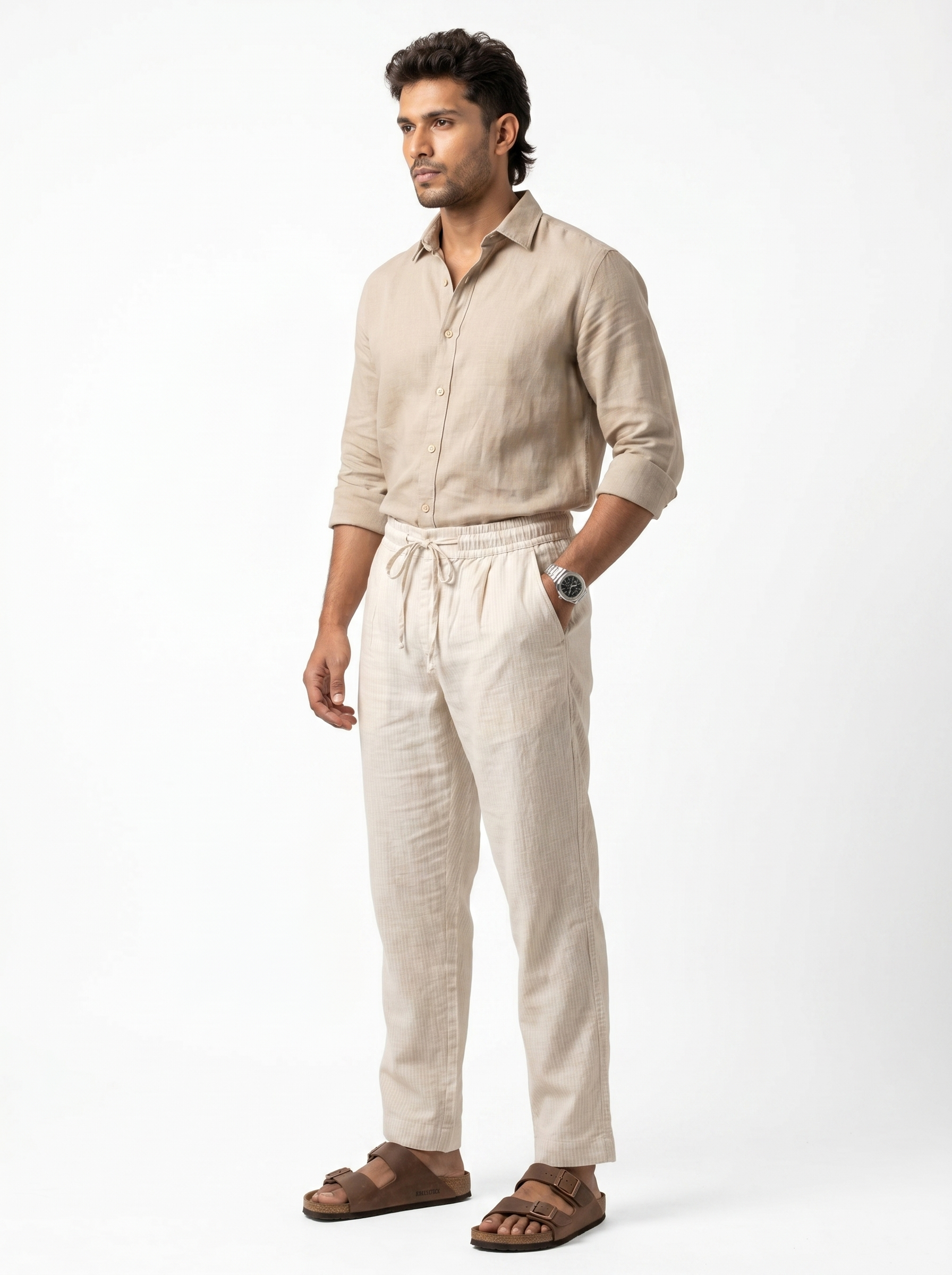 Relaxed Fit Linen Stripe Pants - Beige
