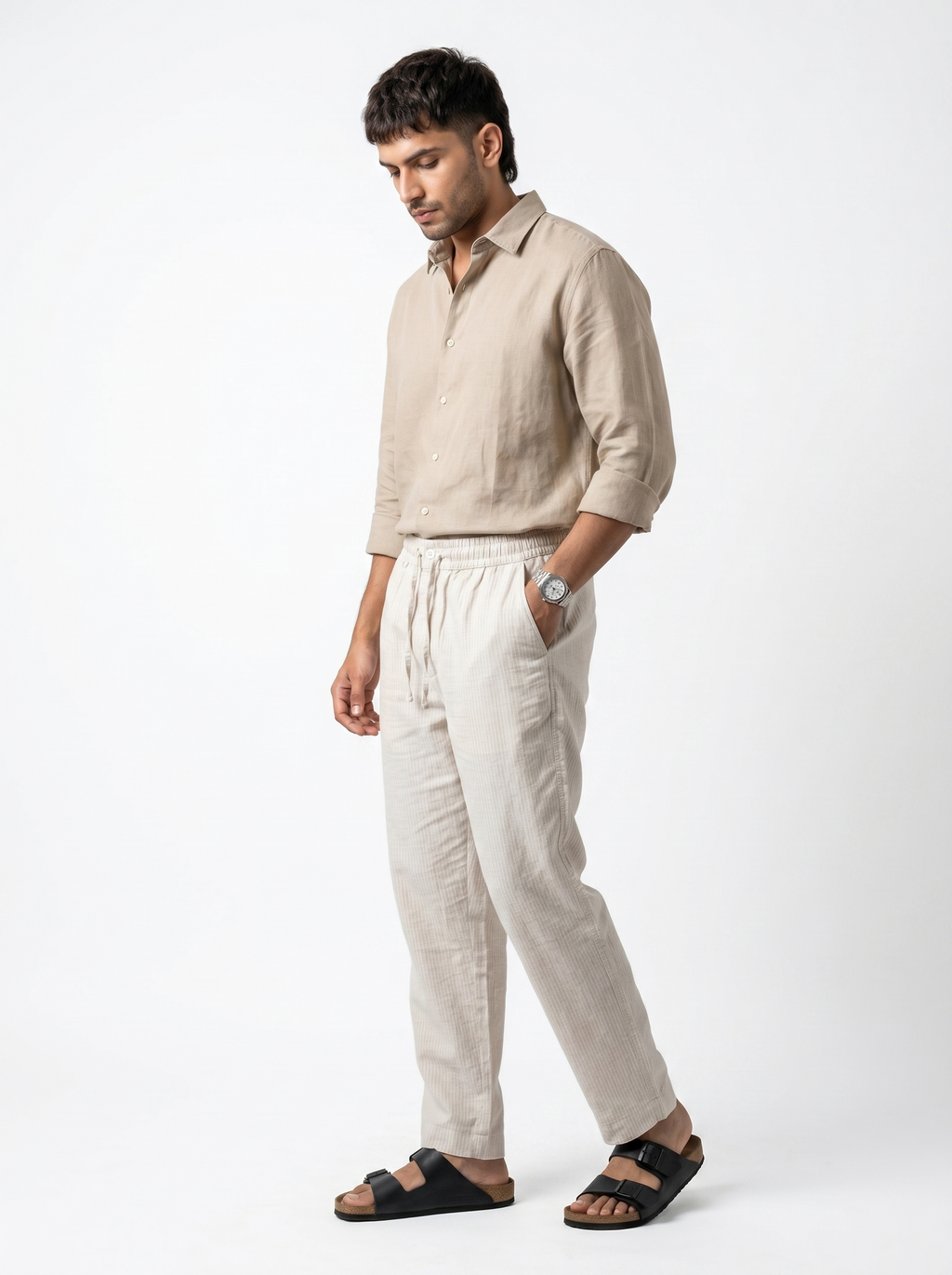 Relaxed Fit Linen Stripe Pants - Beige